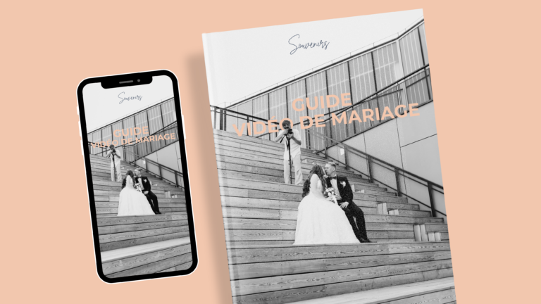 Mock up d'un livre et d'un iphone avec un vidéaste de mariage qui filme un couple de marié.